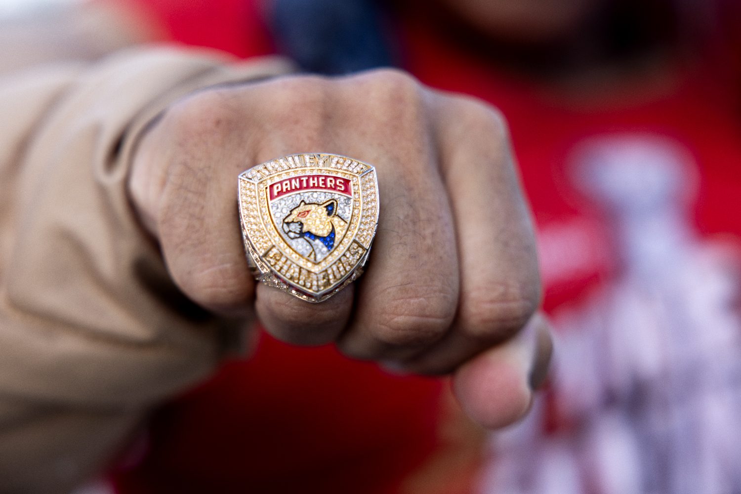 A championship ring on a fan's fist