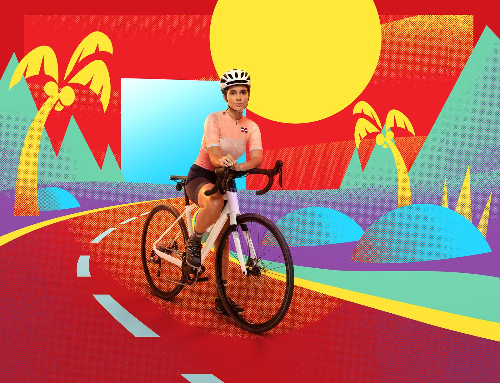 A cyclist riding an illustrated highway past drawn palms and a huge yellow sun