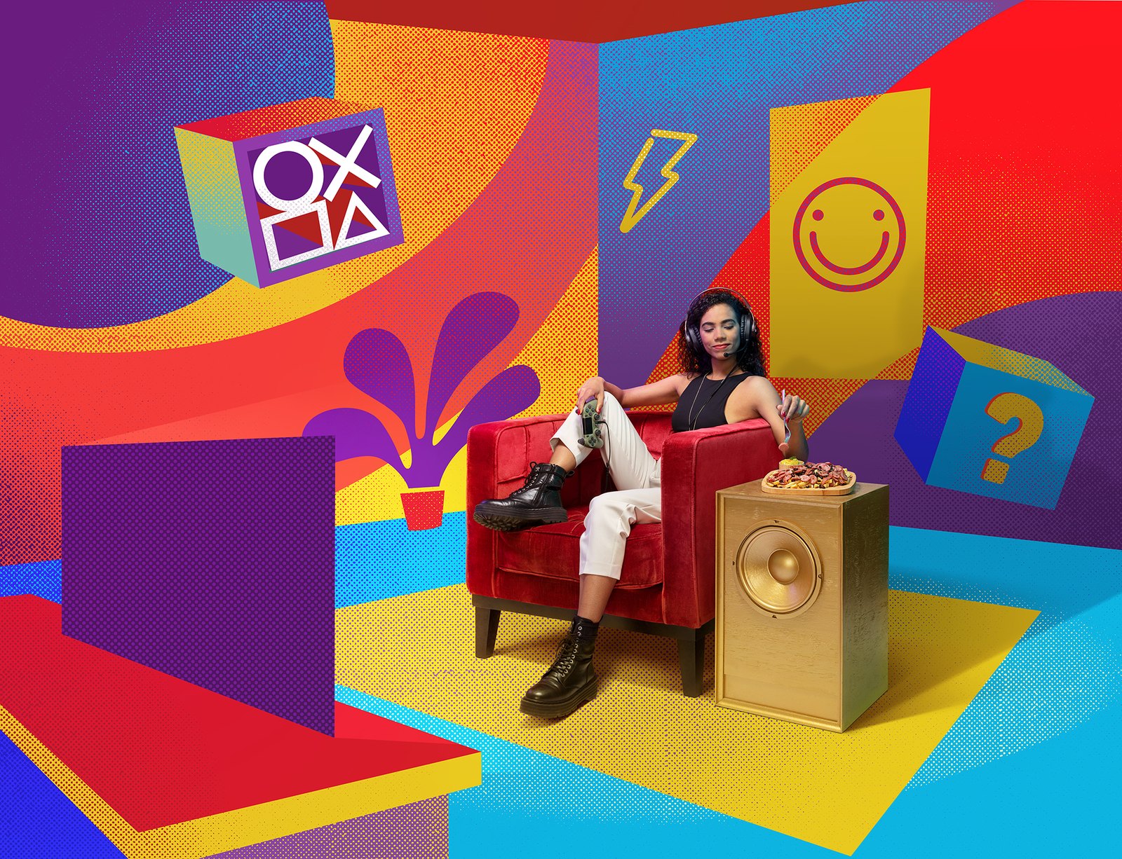A woman on a red armchair surrounded by drawn icons and bold blocks of colour