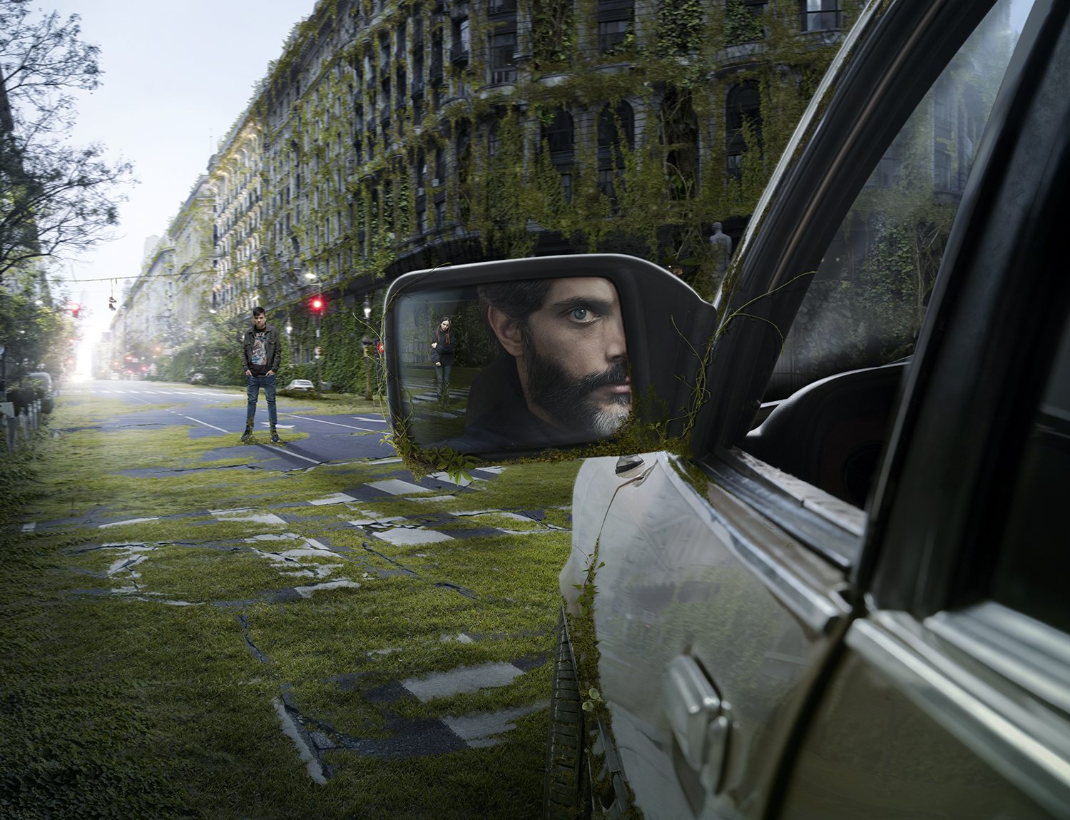 A character reflected in a car mirror on a deserted road