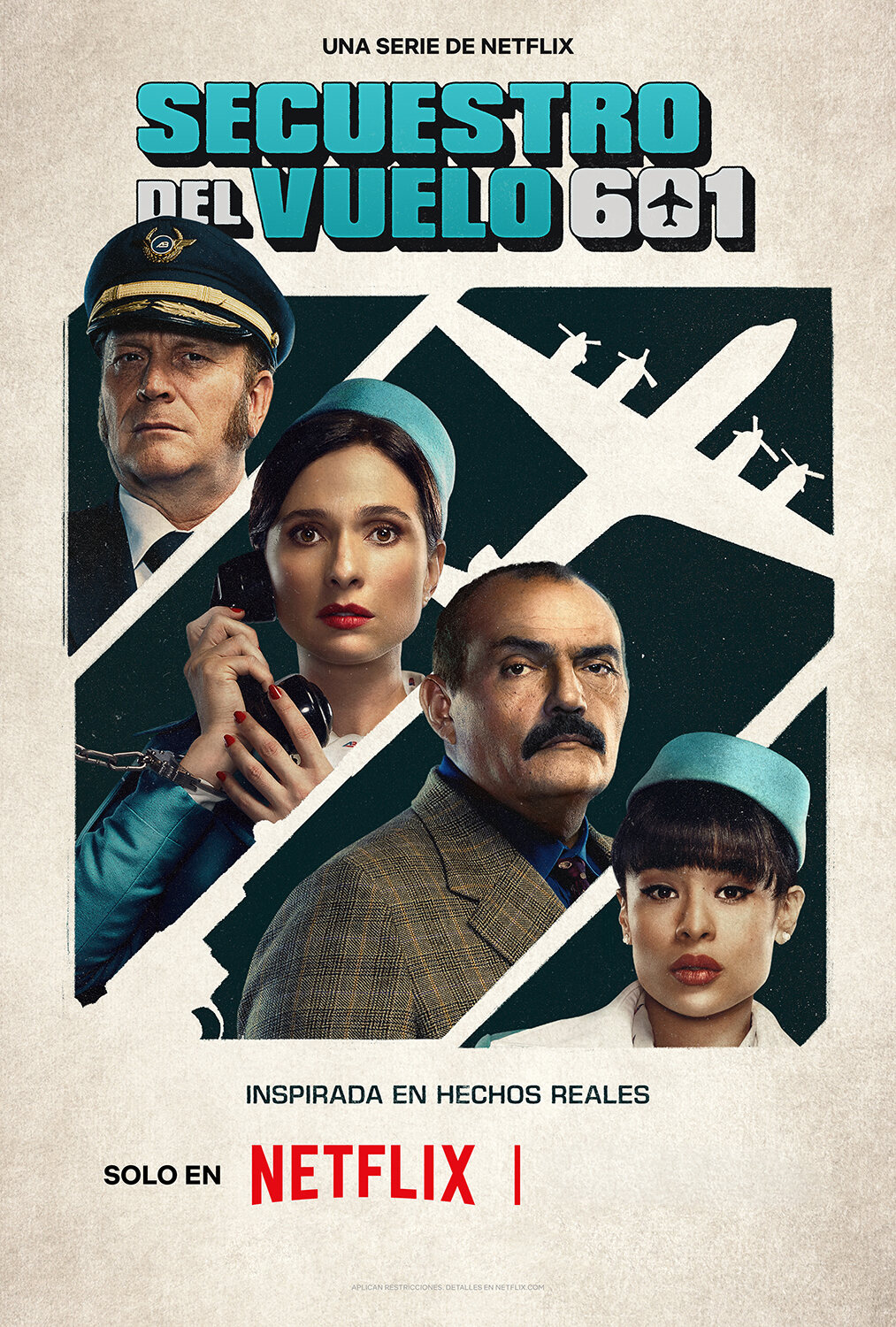 Main key art: the crew and hijackers gathered beneath the title, a white plane cutting the frame