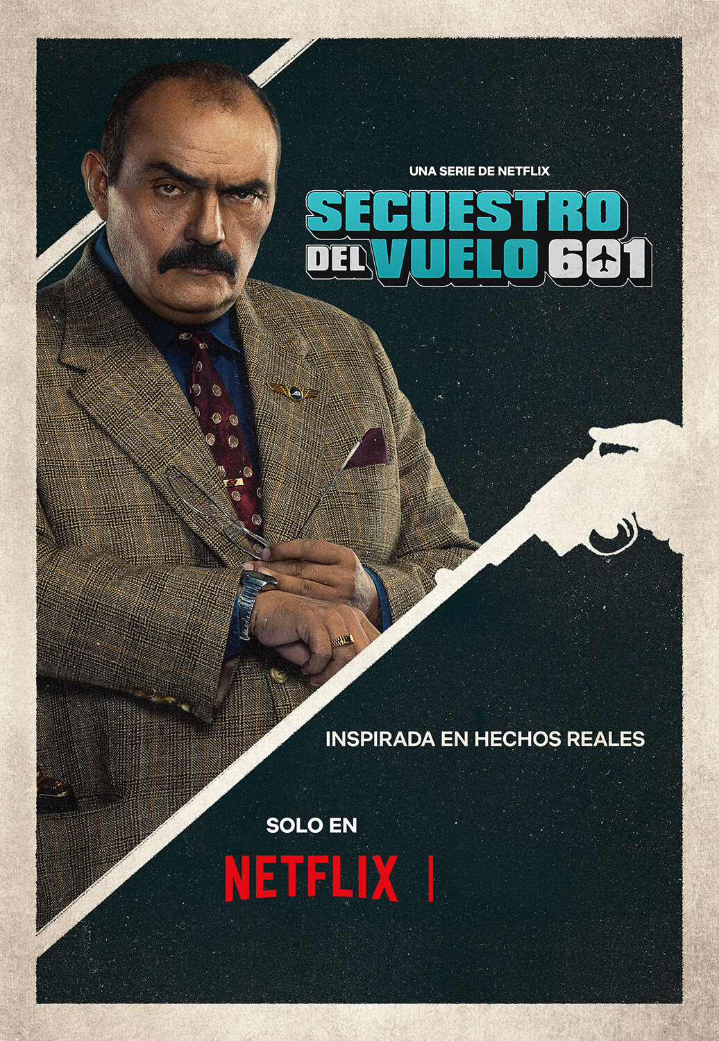 Character poster: the man in the plaid jacket, calm and unreadable